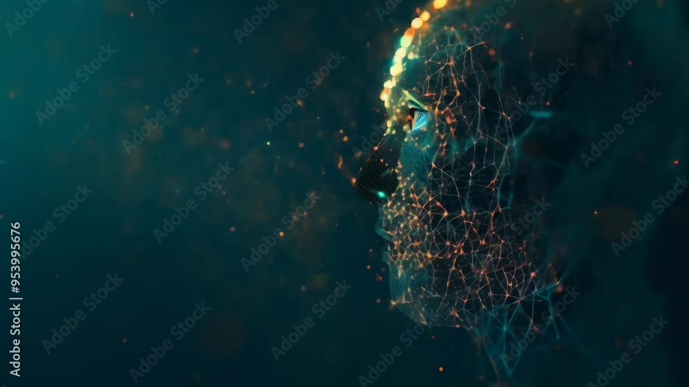 Poster Abstract profile of a humanoid face made of glowing particles on a dark background. Symbolizes AI and digital identity.