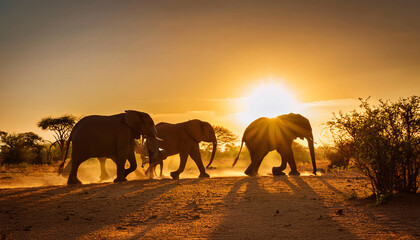 Fototapeta premium Sunset Journey of Elephants