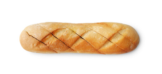Garlic bread, whole baguette topped with garlic and butter isolated on white background top view