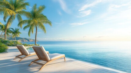 Naklejka premium Tropical beach paradise with palm trees, clear blue water, and lounge chairs for relaxation, perfect for vacations and serene getaways.