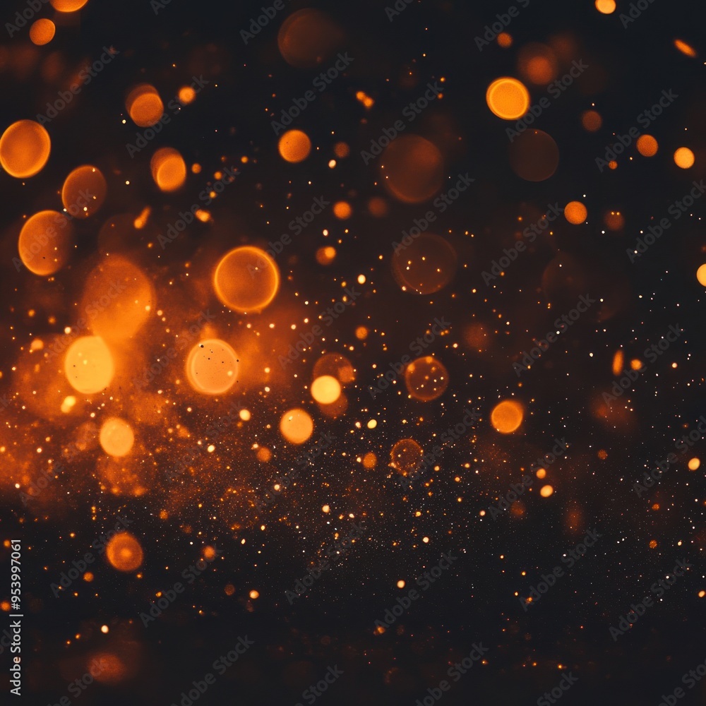 Poster a dark background with orange bokeh lights and glittering dust, creating an enchantment atmosphere.