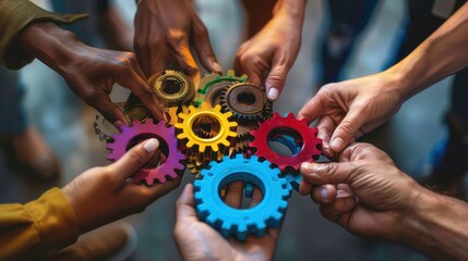 Diverse hands holding colorful gears together, representing teamwork and collaboration.