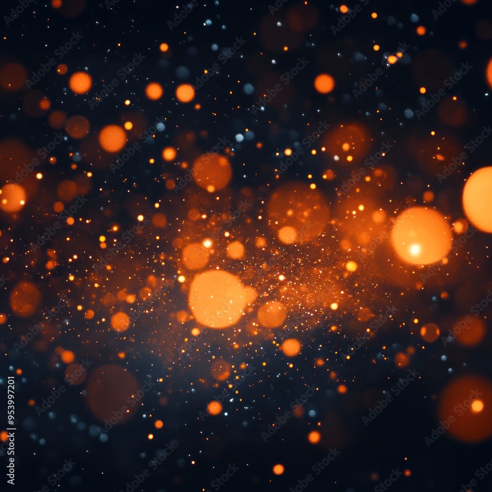 Poster a dark background with orange bokeh lights and glittering dust, creating an enchantment atmosphere