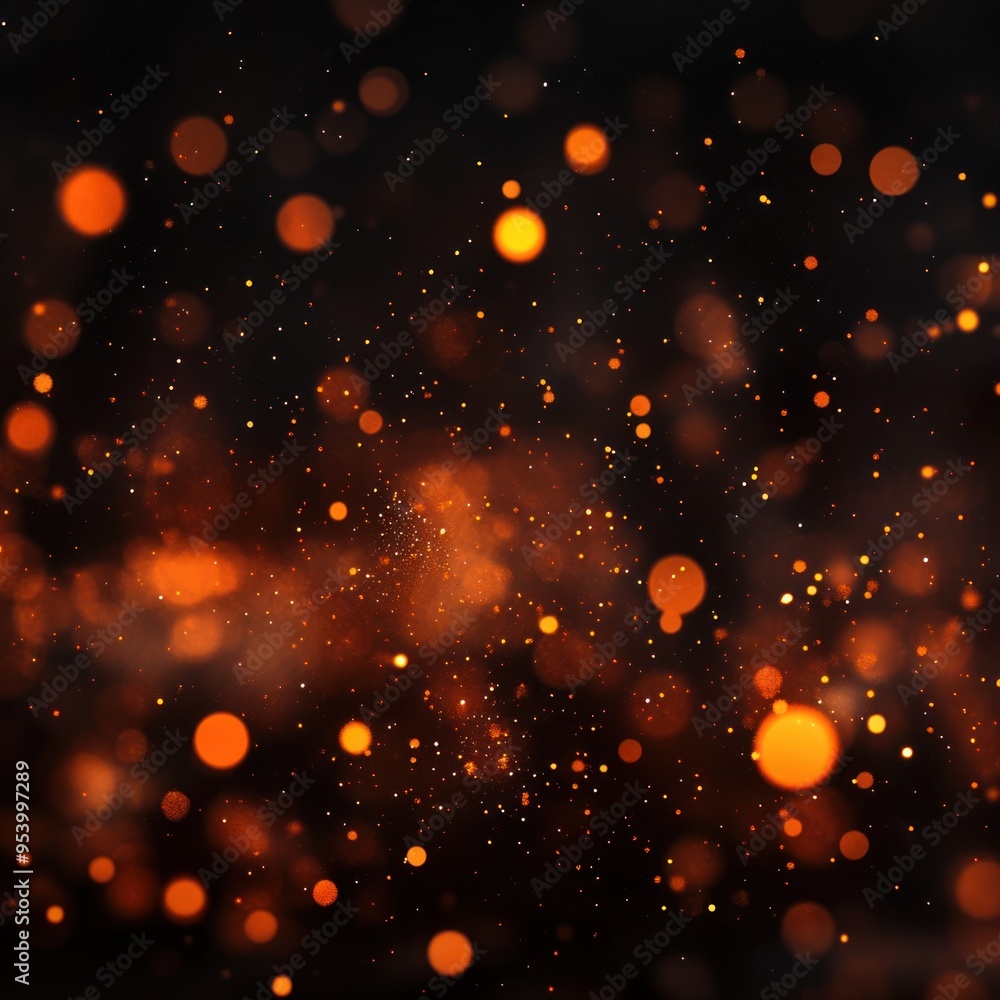 Poster a dark background with orange bokeh lights and glittering dust, creating an enchantment atmosphere