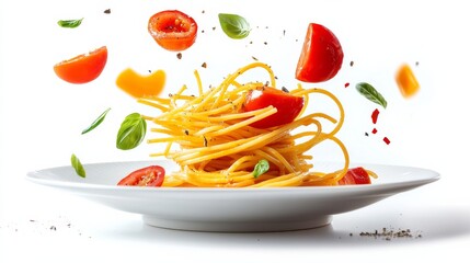 Spaghetti with Tomatoes and Basil in mid-air.
