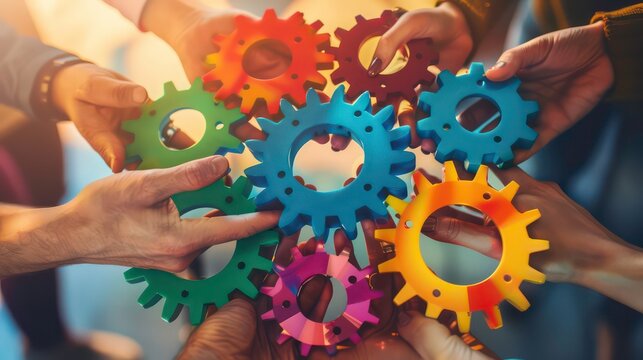 Close-up of hands holding colorful interlocking gears.