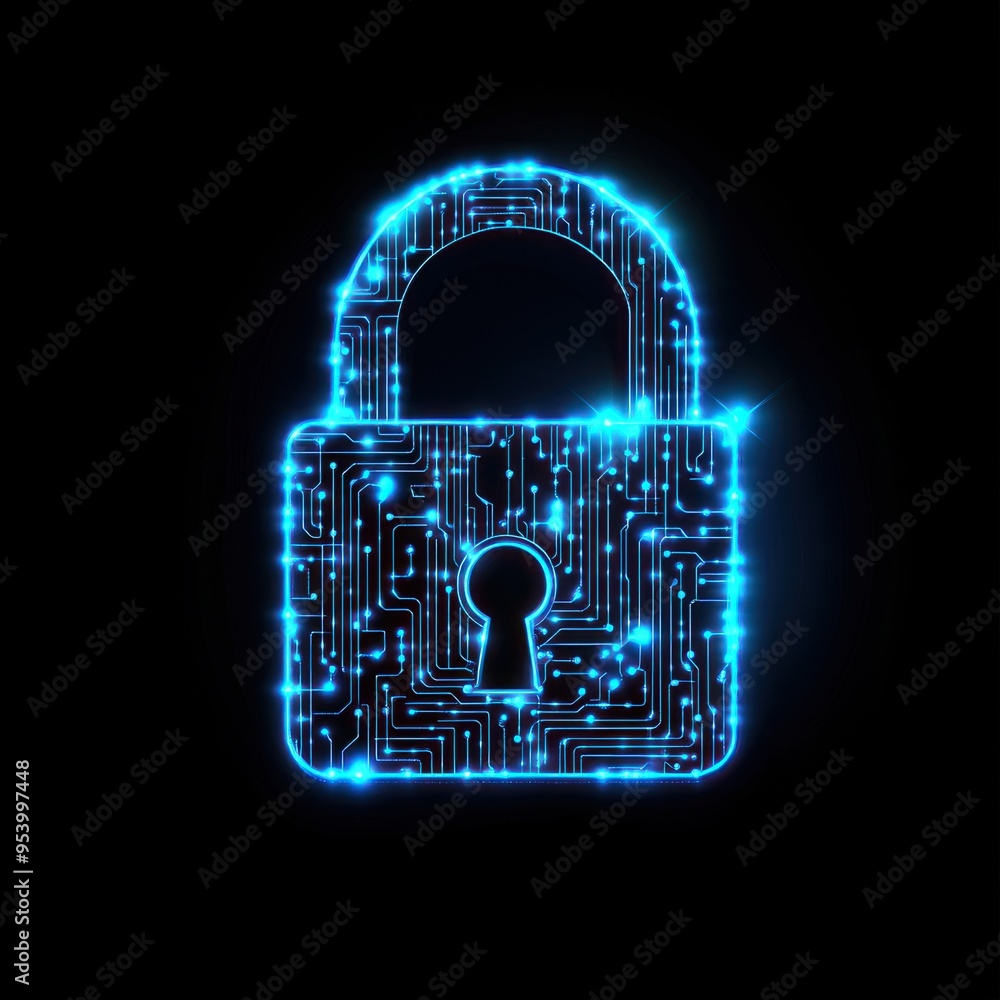 Poster a digital lock icon with circuit patterns glowing in blue, symbolizing advanced security technology