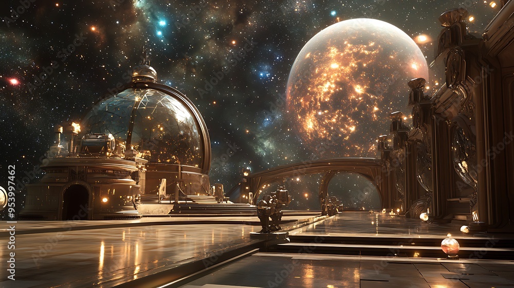 Poster futuristic space observatory with advanced telescopes and interactive cosmic displays.