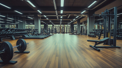 A wide angle photography of an empty modern gym room interior full of weights, bars and racks significantly health fitness concept