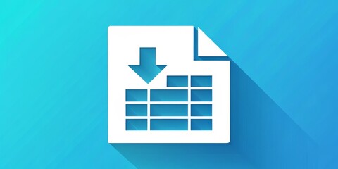 A stylized digital spreadsheet icon with a downward arrow symbol on a bright blue background, indicating a file