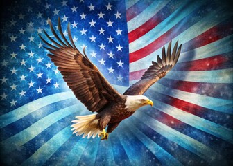 Naklejka premium A stylized eagle soars above the Stars and Stripes, symbolizing freedom and patriotism, set against a faded blue