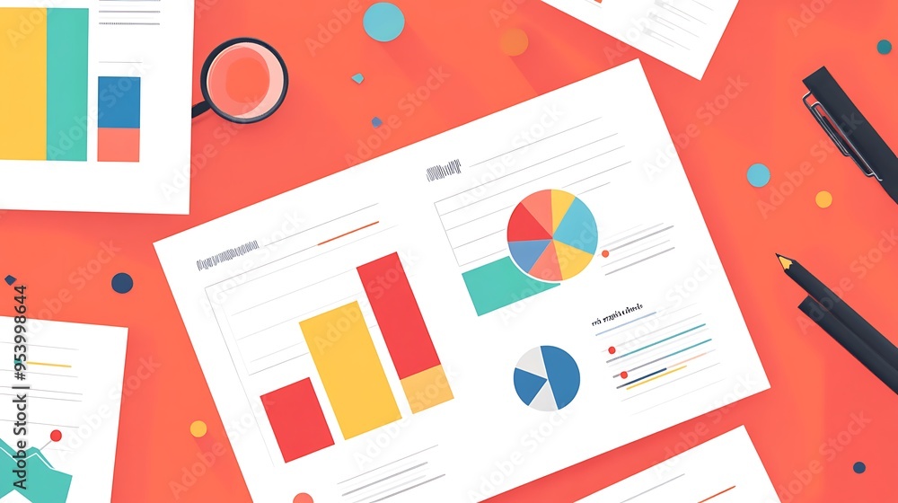 Poster colorful data charts and graphs on a red surface