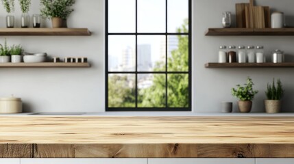Wooden top on background of modern kitchen with window and shelves.3D illustration