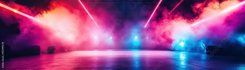 Poster vibrant light show with colorful lasers and fog creating a dynamic concert atmosphere, perfect for m