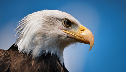 Obraz premium A majestic close-up of a bald eagle perched on a high tree branch, with its sharp eyes focus.