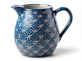 A stylized, modern, and meticulously designed blue pitcher with intricate patterns and geometric shapes, isolated on a