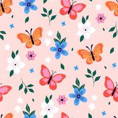 Seamless pattern with butterflies and flowers. Vector graphics.