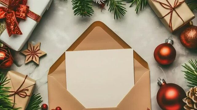 Open envelope with blank card surrounded by Christmas gifts, ornaments, and pine branches. Festive and inviting, perfect for holiday greetings, Christmas invitations, and gift exchanges