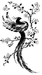 Fototapeta premium Black and White Illustration of a Phoenix Bird on a Branch with Flowers
