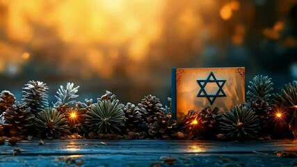 Star of David ornament amidst pine cones and evergreen branches, with a warm bokeh background. Reflects Hanukkah celebration, tradition, and winter holiday spirit