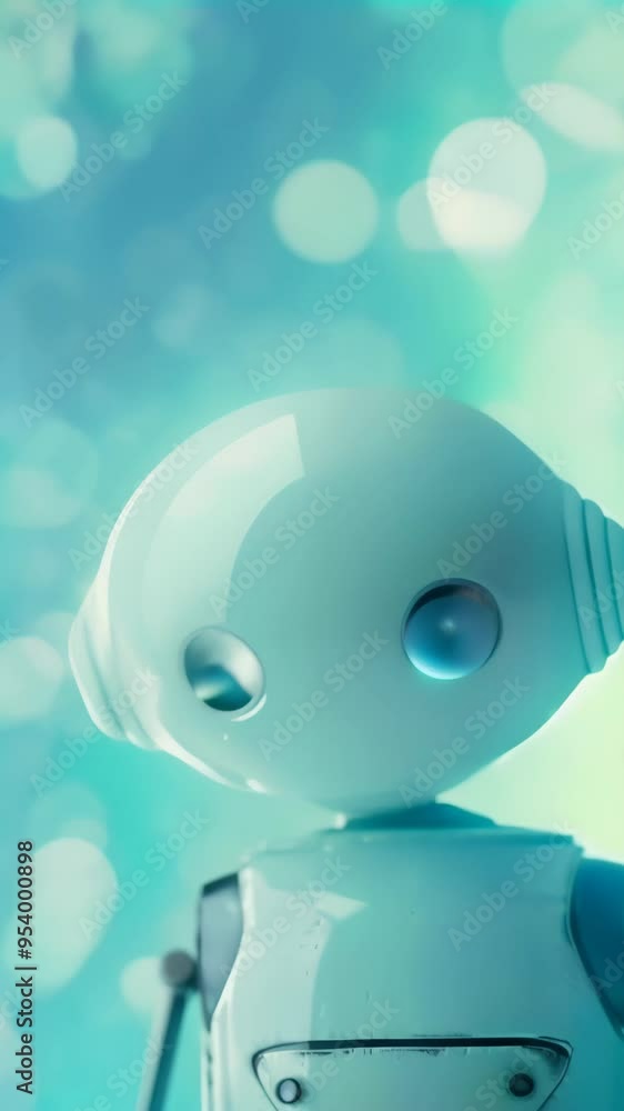 Poster close-up of a white robot with large eyes on a soft blurred background. symbolizes ai, robotics, and