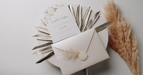 A stylish wedding invitation displayed with an envelope, decorative pampas grass, and neutral elements. Perfect for themes of elegance, love, and celebrations. Elegant Wedding Invitation
