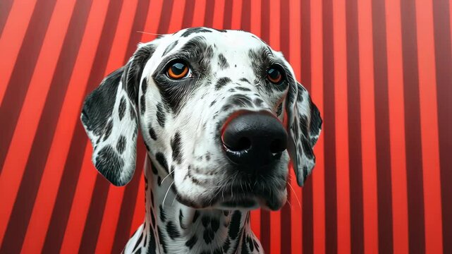 Dalmatian dog portrait in front of red striped background