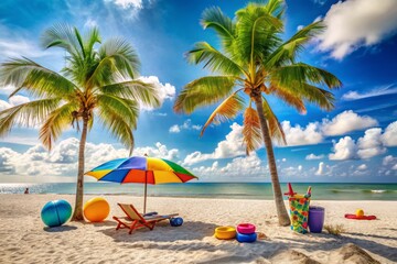 A sunny day at the beach in Florida, with a colorful beach umbrella, palm trees, and a happy