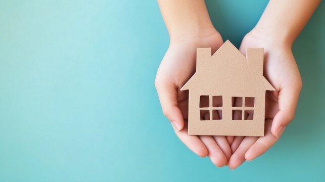 hands holding paper house, family home, homeless housing and home protecting insurance concept
