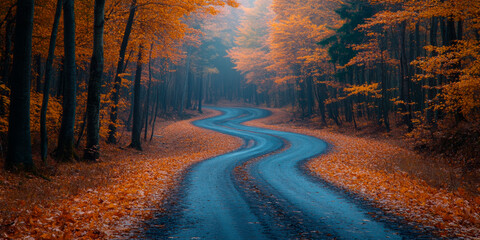 A quiet road in the middle of an autumn forest with vibrant orange leaves. Ideal for concepts of nature, autumn, and outdoor scenes. Suitable for businesses in travel, tourism, or seasonal promotions.