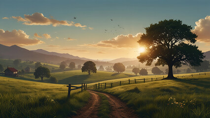 Fototapeta premium Vector graphic of a serene countryside scene with rolling hills and trees.