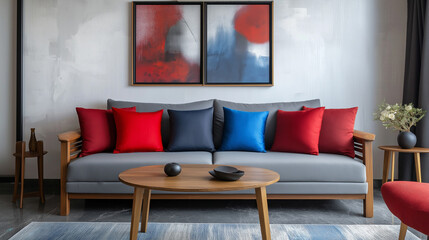 Fototapeta premium Minimalistic indoors living room interior design in red gray and blue colors with small wooden table in the middle of room abstract framed wall art behind the elegant and comfortable sofa couch