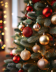 Christmas tree decorated with red and gold baubles glittering in the warm light of christmas lights