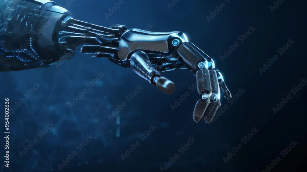 Poster Detailed close-up of a high-tech robotic hand with illuminated circuitry on a dark background. Represents advanced AI, technology, and cybernetic systems in a futuristic world.