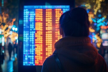 Obraz premium A woman stands in front of a large LED display screen in a bustling urban setting at night.
