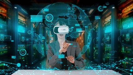 Businesswoman selecting dynamic market data analysis rotated world graph monitor by VR global innovation interface digital infographic network technology visual hologram animation server. Contraption.