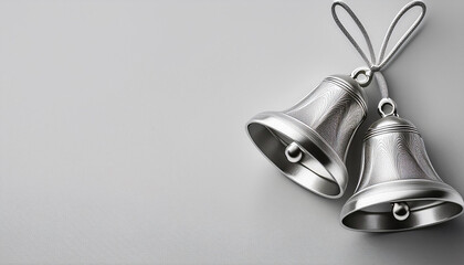 Two silver bells with an ornate engraved design hanging on a silver string against a grey background