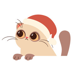 Cute illustration in childish style on white background. Cute kitten in Santa Claus hat looks out from behind him banner . Vector illustration