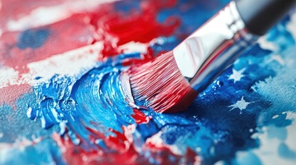 Obraz premium Patriotic Artistic Creation - Close-up of Paintbrush Painting American Flag with Red and Blue Watercolors on Canvas with Vivid Textures