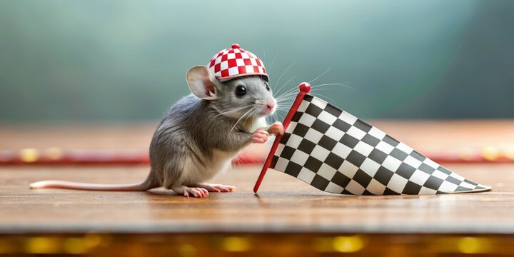 A tiny grey mouse stands on hind legs, wearing a red racing helmet and holding a checkered flag,