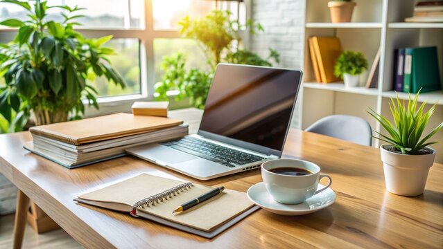 A tidy workspace with a laptop, notebook, and pen, surrounded by scattered papers, folders, and a cup of