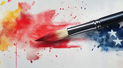 Patriotic Art: Paintbrush Dipped in Red Watercolor Creating a Blended American Flag on Canvas
