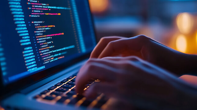 Close-up of hands typing code on laptop keyboard.  Blue light illuminates the screen displaying lines of code.