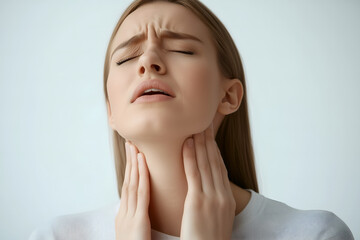 European woman with neck pain. Concept of sore throat, pharyngitis, laryngitis, thyroiditis, choking