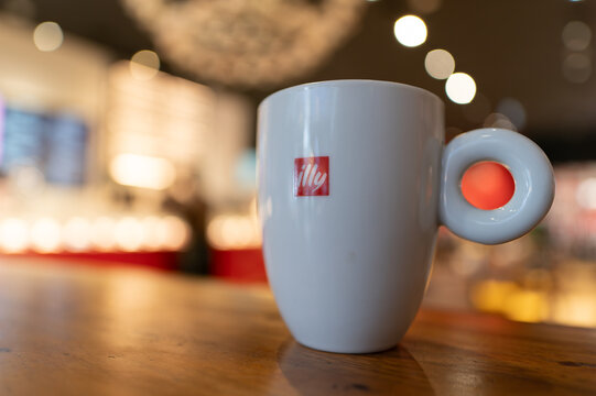 KUALA LUMPUR, MALAYSIA - NOVEMBER 08, 2023: a cup of coffee served at Illy Caffe. It is an Italian brand known for its premium coffee and espresso products, as well as its stylish coffee bars.