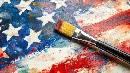 Fototapeta premium Patriotic Painting: American Flag with Red, White, and Blue Watercolors on Palette