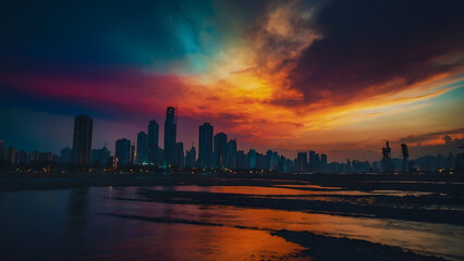 Fototapeta premium Bright colorful background sunset big metropolis in the foreground loss