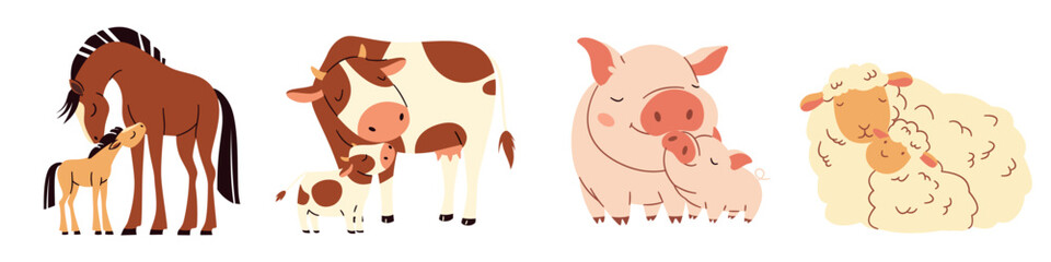 Set of flat vector illustrations. Cute pets with cubs. Horse with foal, pig with piglet, sheep with lamb, cow with calf. Vector illustration