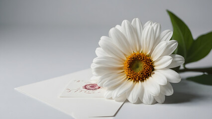 Obraz premium Background for congratulations on a white surface there are business cards for congratulations and a large chamomile flower
