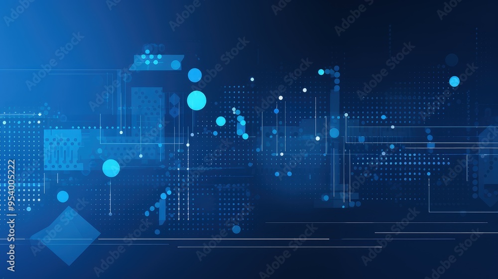Poster A digital abstract background featuring geometric shapes and patterns in shades of blue, ideal for technology-related themes.